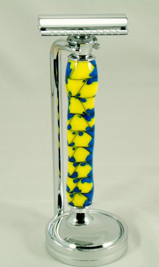 Blue/Yellow Safety Razor Handle - Click Image to Close